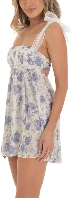 Women Y2K Floral Spaghetti Strap Mini Dress Bodycon Square Neck A Line Short Dress Ruffle Sleeve Lace Up Partywear
