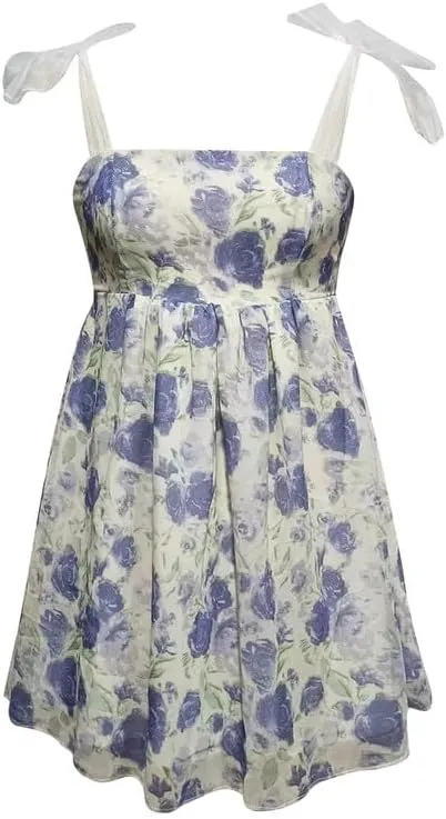 Women Y2K Floral Spaghetti Strap Mini Dress Bodycon Square Neck A Line Short Dress Ruffle Sleeve Lace Up Partywear