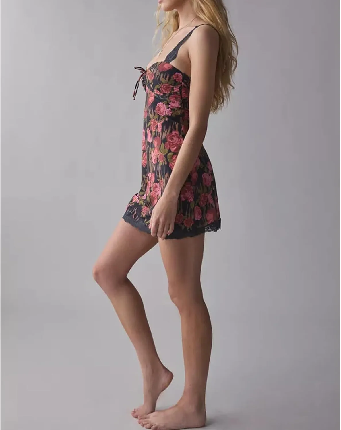 Women Y2k Spaghetti Strap Lace Floral Mini Bodycon Dress Sexy V Neck Backless Cami Ruffle Going Out Short Dress