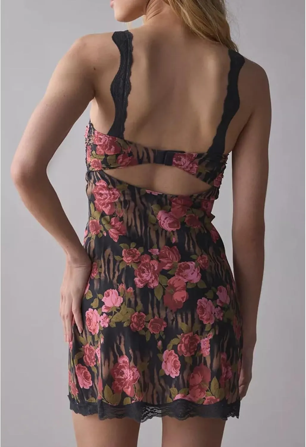 Women Y2k Spaghetti Strap Lace Floral Mini Bodycon Dress Sexy V Neck Backless Cami Ruffle Going Out Short Dress