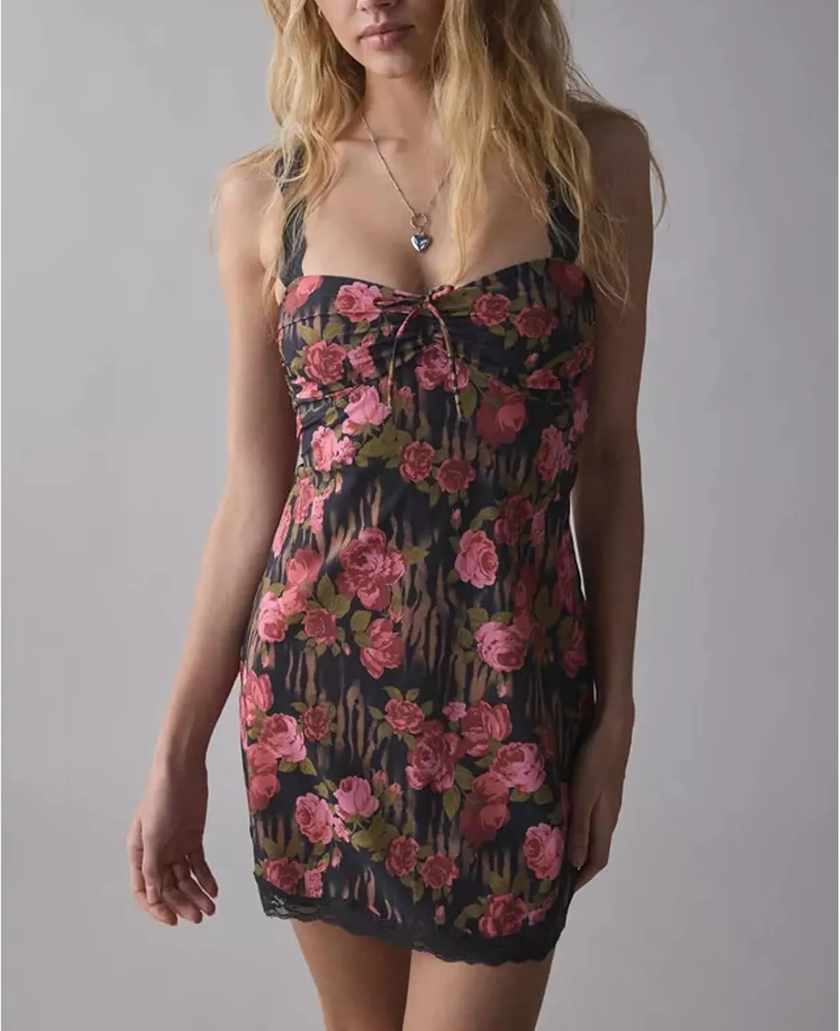 Women Y2k Spaghetti Strap Lace Floral Mini Bodycon Dress Sexy V Neck Backless Cami Ruffle Going Out Short Dress