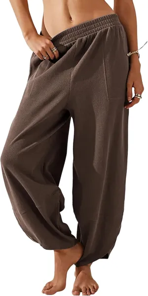 Womens Baggy Pants Wide Leg Cotton Elastic Waist Lounge Pants with Pockets