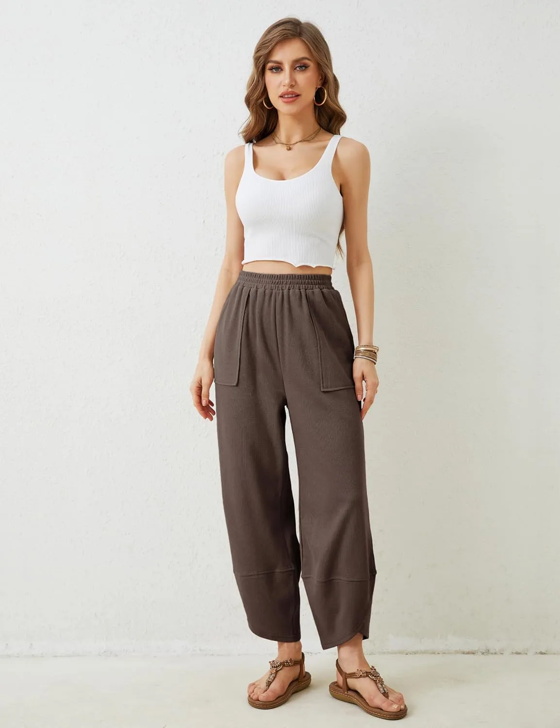 Womens Baggy Pants Wide Leg Cotton Elastic Waist Lounge Pants with Pockets