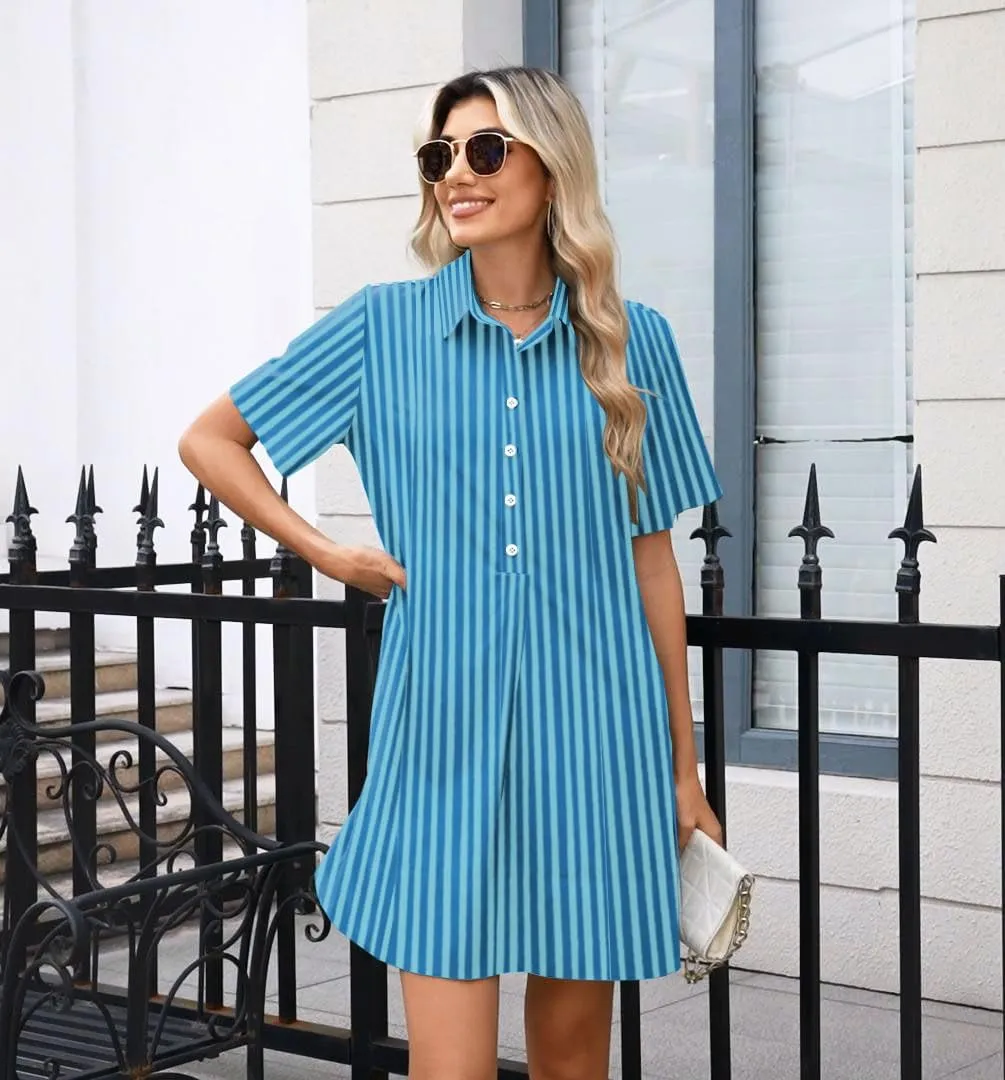 Womens Button Up Tunic Shirt Dresses Short Sleeve Summer Dress Collared Swing Sundress