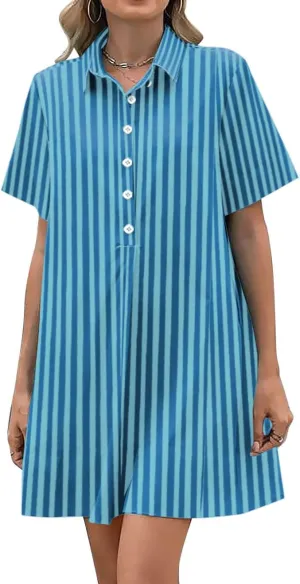 Womens Button Up Tunic Shirt Dresses Short Sleeve Summer Dress Collared Swing Sundress