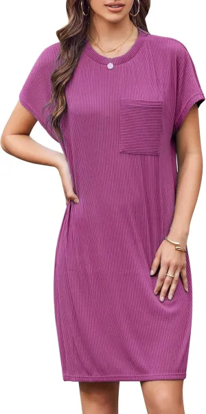 Womens Casual Crewneck Short Sleeve Ribbed Mini Tshirt Dress Fashion Slim Spring and Summer Dresses