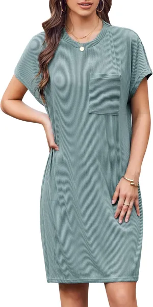 Womens Casual Crewneck Short Sleeve Ribbed Mini Tshirt Dress Fashion Slim Spring and Summer Dresses