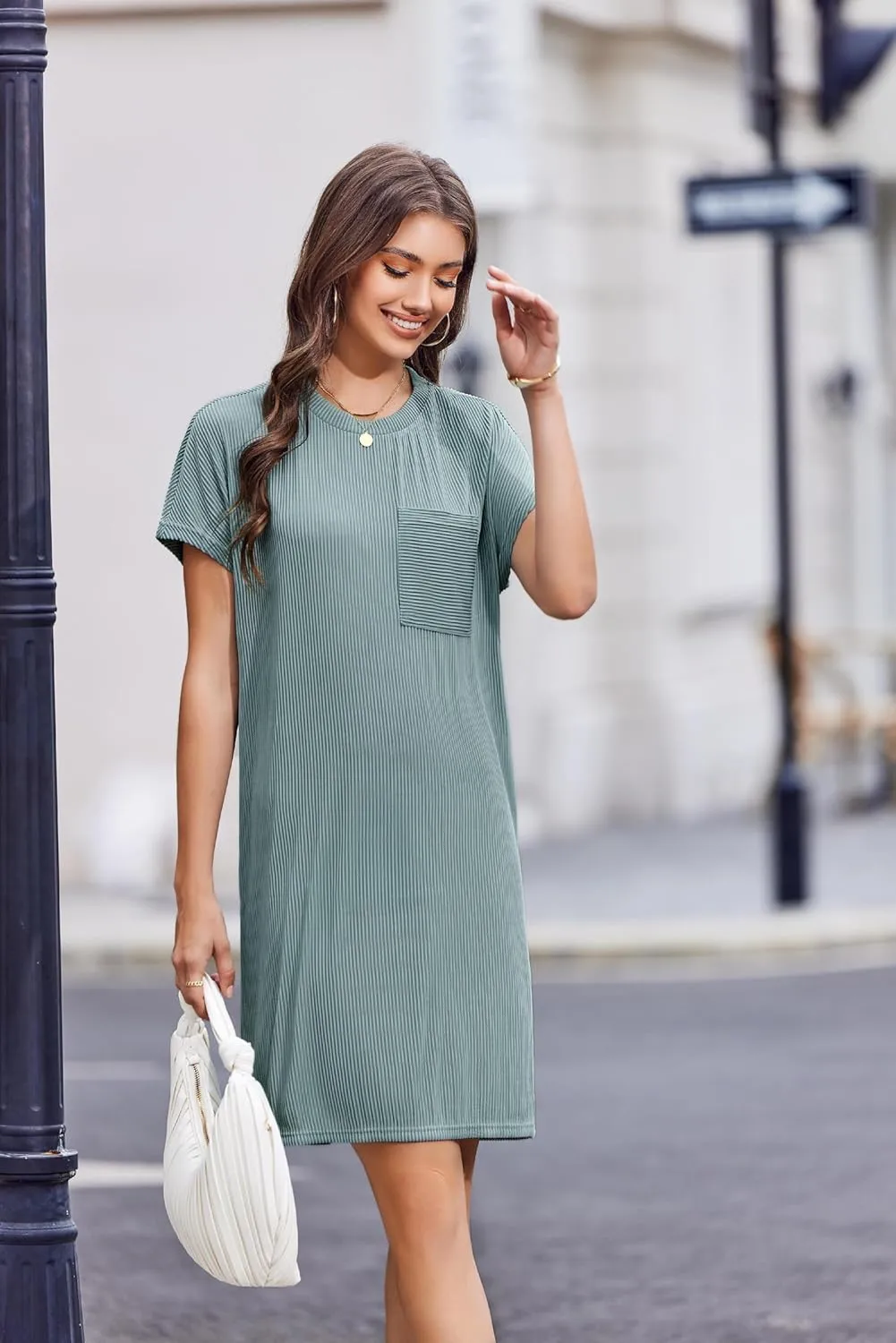 Womens Casual Crewneck Short Sleeve Ribbed Mini Tshirt Dress Fashion Slim Spring and Summer Dresses