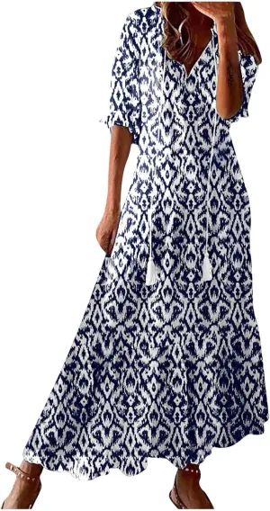 Women's Casual Loose Boho Floral Dresses 2025 Short Sleeve Drawstring V Neck Ruffle A Line Flowy Summer Beach Maxi Dress