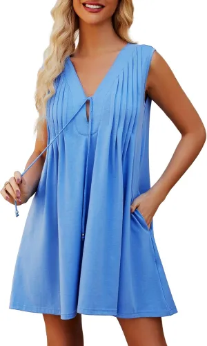 Womens Casual Summer Dresses V Neck Sleeveless Tank Dress with Pockets Pleated Flowy Mini Sundress 2025