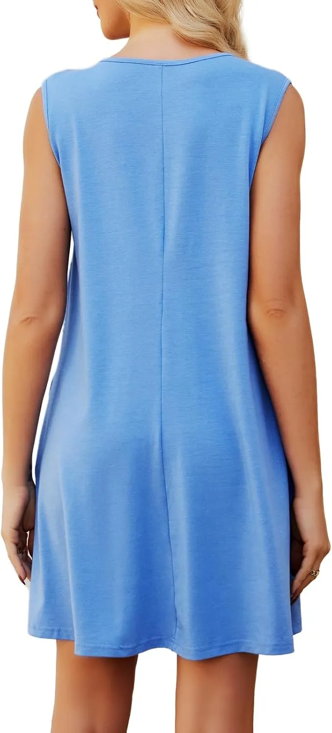 Womens Casual Summer Dresses V Neck Sleeveless Tank Dress with Pockets Pleated Flowy Mini Sundress 2025