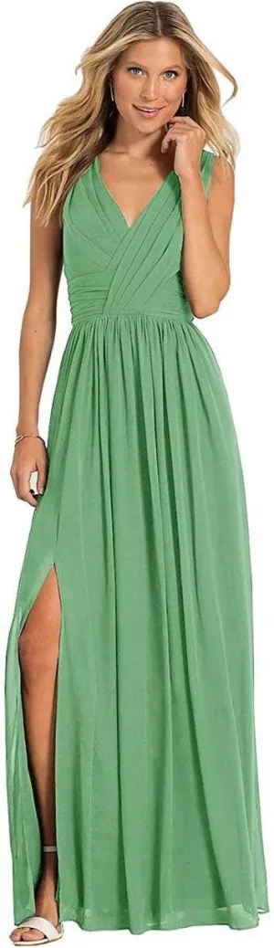 Women's Double V Neck Bridesmaid Dress Open Back Evening Prom Gown Long Chiffon Formal Dress Sage Custom Size