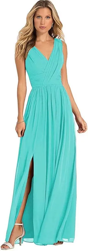 Women's Double V Neck Bridesmaid Dress Open Back Evening Prom Gown Long Chiffon Formal Dress Turquoise 22 Plus