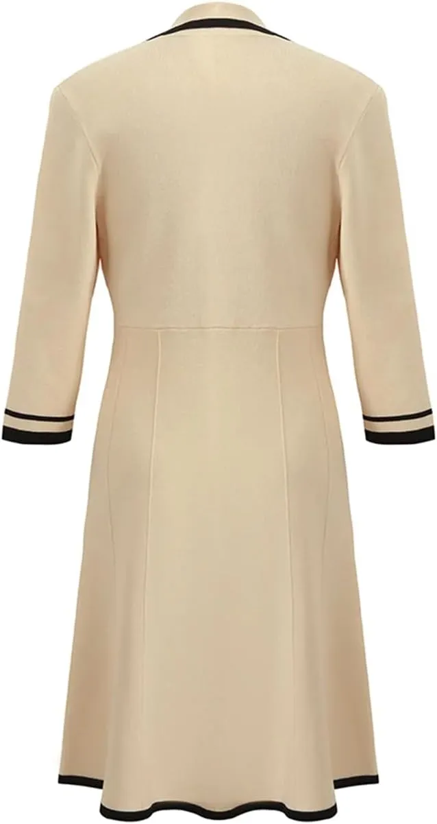 Women's Elegant Mini Dress 3/4 Sleeve Double Breasted Pearl Button Knitted Dresses
