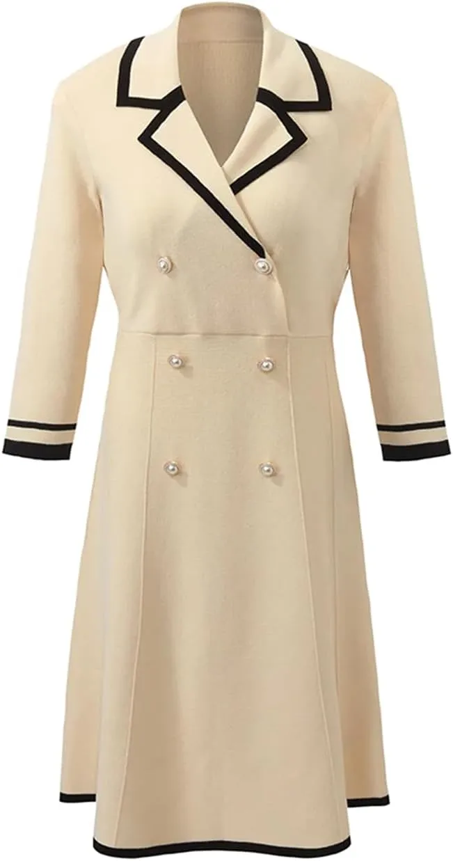 Women's Elegant Mini Dress 3/4 Sleeve Double Breasted Pearl Button Knitted Dresses