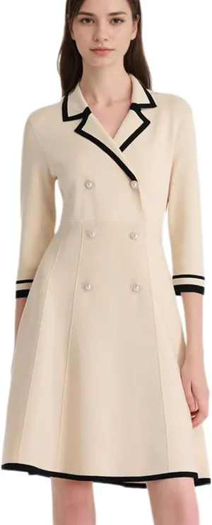 Women's Elegant Mini Dress 3/4 Sleeve Double Breasted Pearl Button Knitted Dresses
