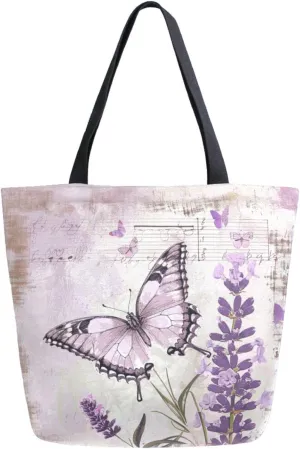 Womens Extra Large Canvas Shoulder Grocery Tote Bag, Retro Lavender Butterfly Art Durable Daily Handle Bag for Gym Yoga Weekender Picnic Beach Travel Kitchen Reusable Market Shopping