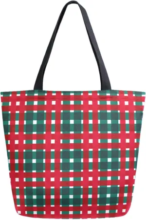 Womens Extra Large Shoulder Grocery Tote Bag, Christmas Plaid Green Red Buffalo Plaids Canvas Durable Daily Handle Bag Reusable for Gym Yoga Weekender Picnic Beach Travel Kitchen Market Shopping