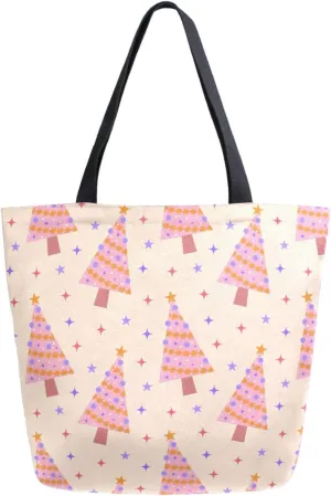 Womens Extra Large Shoulder Grocery Tote Bag, Pink Christmas Tree Stars Floral Canvas Durable Daily Handle Bag Reusable for Gym Yoga Weekender Picnic Beach Travel Kitchen Market Shopping