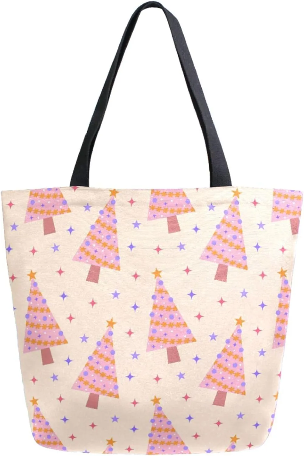 Womens Extra Large Shoulder Grocery Tote Bag, Pink Christmas Tree Stars Floral Canvas Durable Daily Handle Bag Reusable for Gym Yoga Weekender Picnic Beach Travel Kitchen Market Shopping