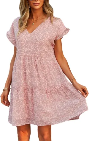 Women's Floral Mini Dress Casual Ruffle Sleeve V Neck Flowy Pleated Babydoll T-Shirt Dress Sundress
