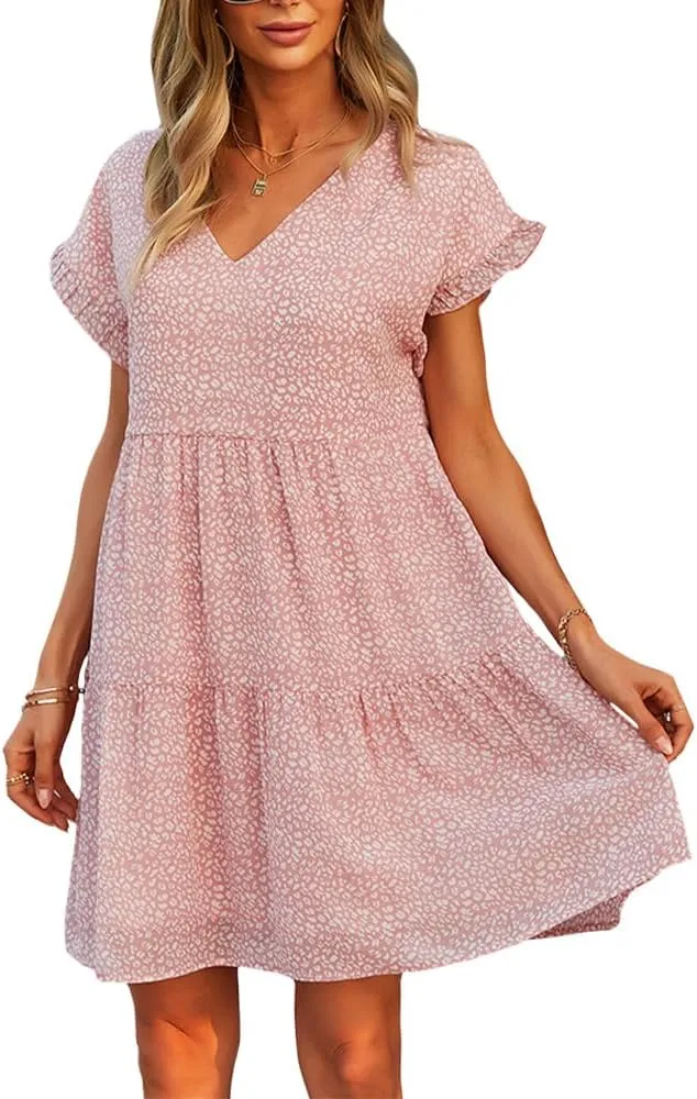 Women's Floral Mini Dress Casual Ruffle Sleeve V Neck Flowy Pleated Babydoll T-Shirt Dress Sundress