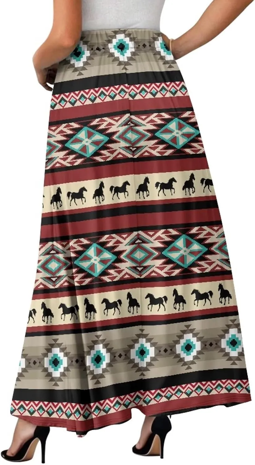 Women's High Waist A-Line Skirt Polyester Maxi Skirt with Pockets for Walking Vacation Travel