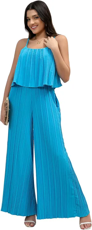 Women's Jumpsuit Casual Cape Ruffled Jumpsuit Spaghetti Straps Wide Leg Pants Long Jumpsuit with Pockets
