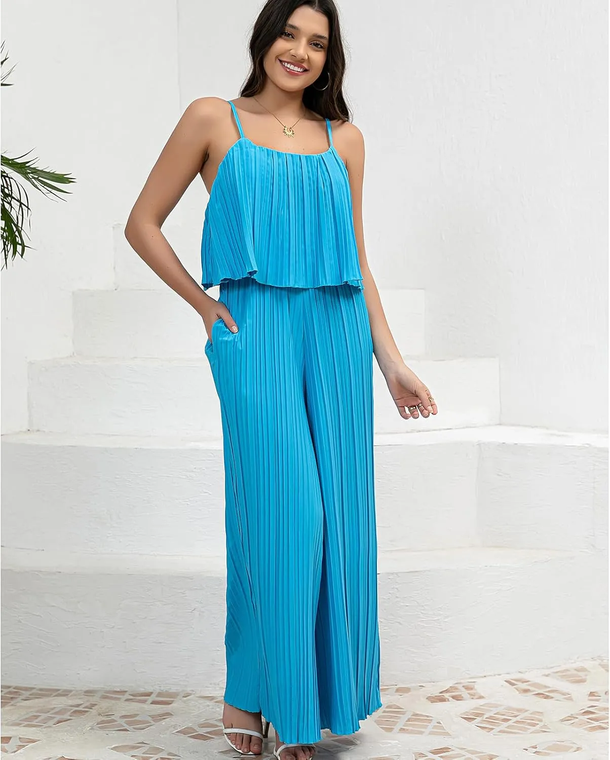 Women's Jumpsuit Casual Cape Ruffled Jumpsuit Spaghetti Straps Wide Leg Pants Long Jumpsuit with Pockets