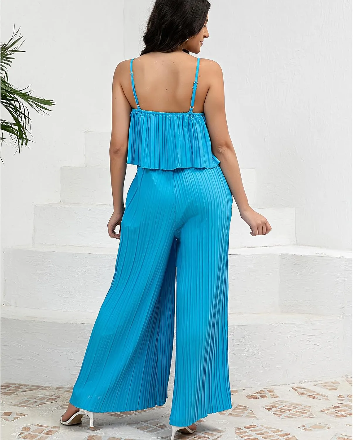 Women's Jumpsuit Casual Cape Ruffled Jumpsuit Spaghetti Straps Wide Leg Pants Long Jumpsuit with Pockets