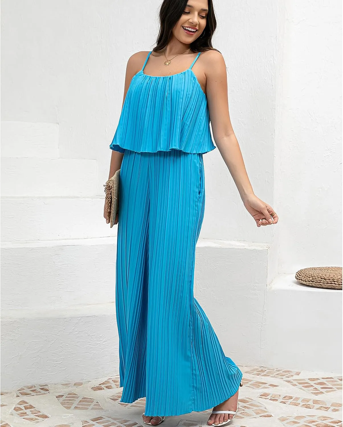 Women's Jumpsuit Casual Cape Ruffled Jumpsuit Spaghetti Straps Wide Leg Pants Long Jumpsuit with Pockets