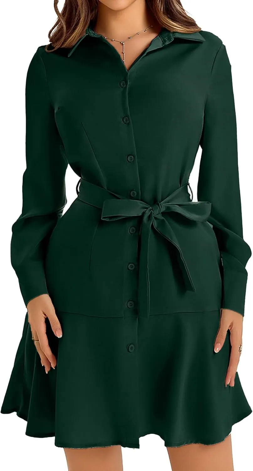 Women's Long Sleeve Button Down Shirt Dress Casual Tie Waist Midi Dresses