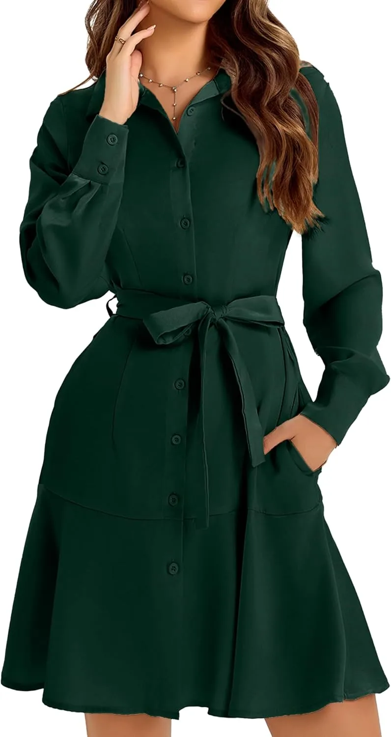 Women's Long Sleeve Button Down Shirt Dress Casual Tie Waist Midi Dresses