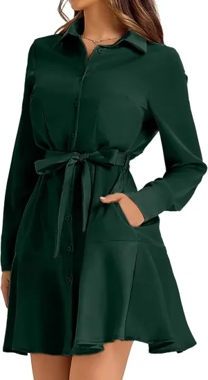 Women's Long Sleeve Button Down Shirt Dress Casual Tie Waist Midi Dresses