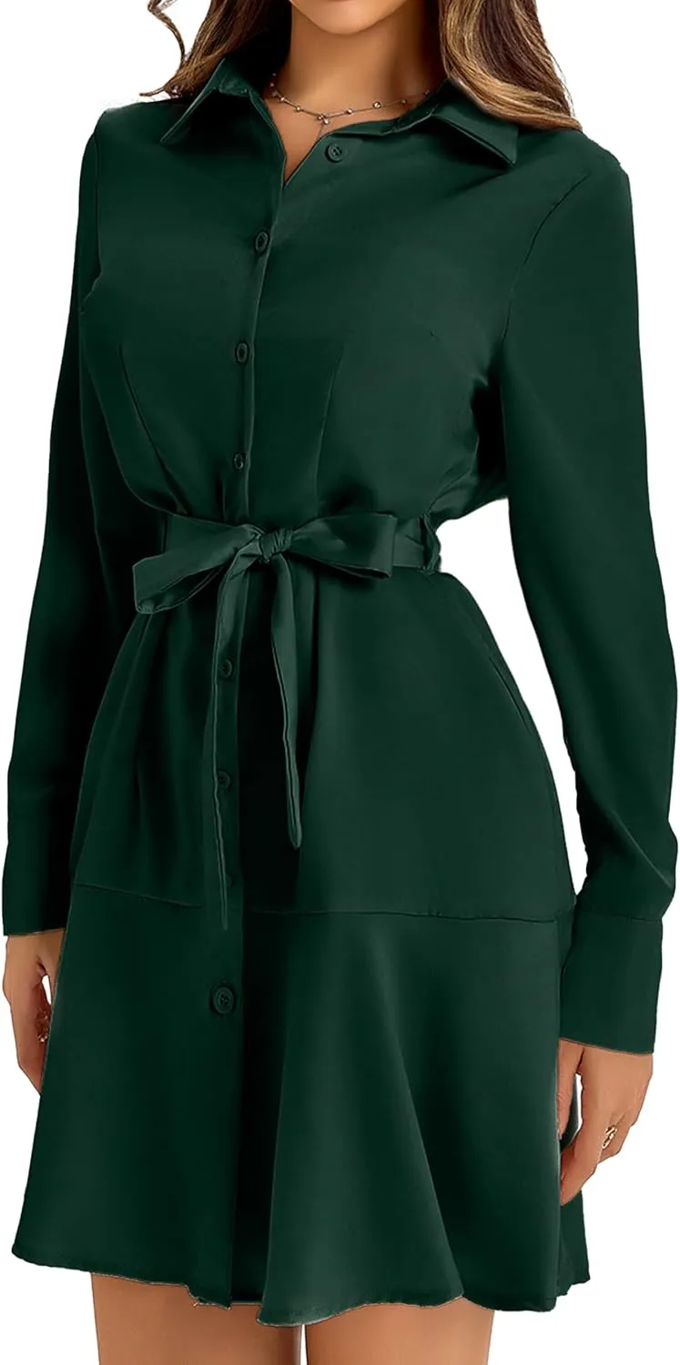 Women's Long Sleeve Button Down Shirt Dress Casual Tie Waist Midi Dresses