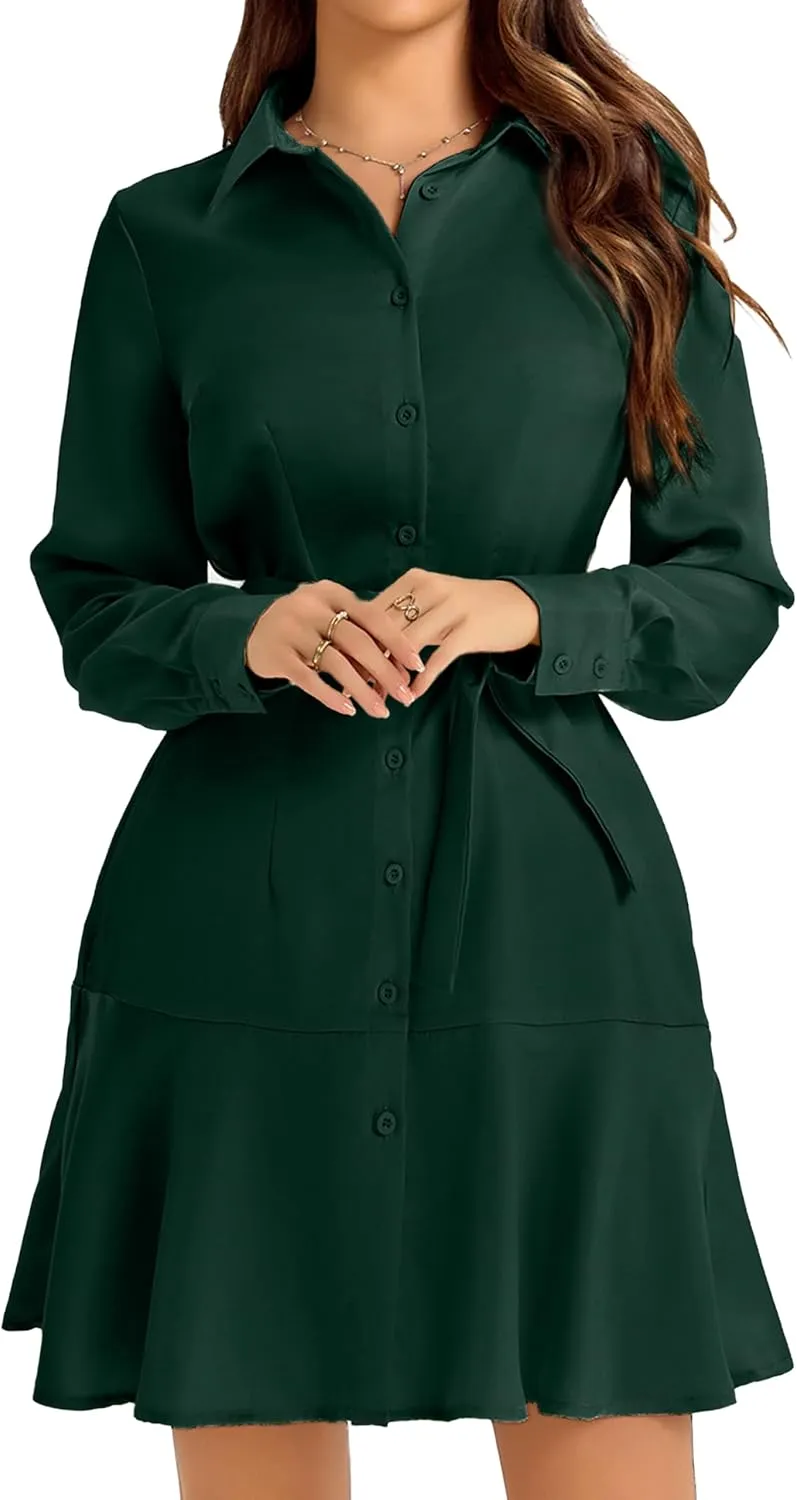 Women's Long Sleeve Button Down Shirt Dress Casual Tie Waist Midi Dresses