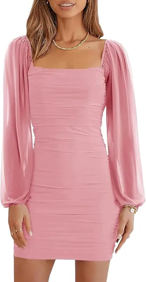 Womens Mesh Dress Square Neck Long Lantern Sleeve Ruched Bodycon Clubwear Cocktail Party Mini Dress