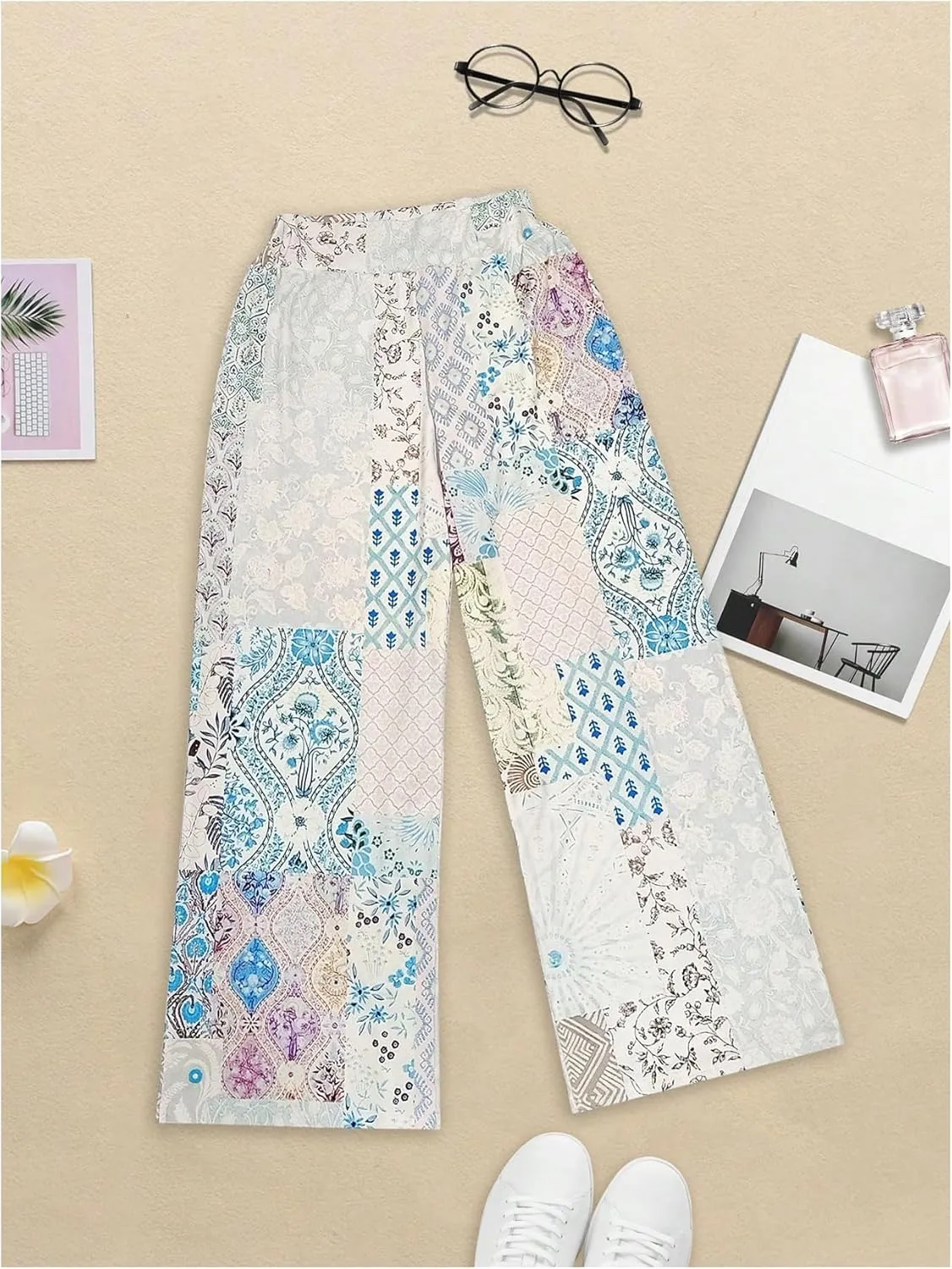 Women's Patchwork Graphic Pant Colorblock High Waisted Straight Leg Boho Pants