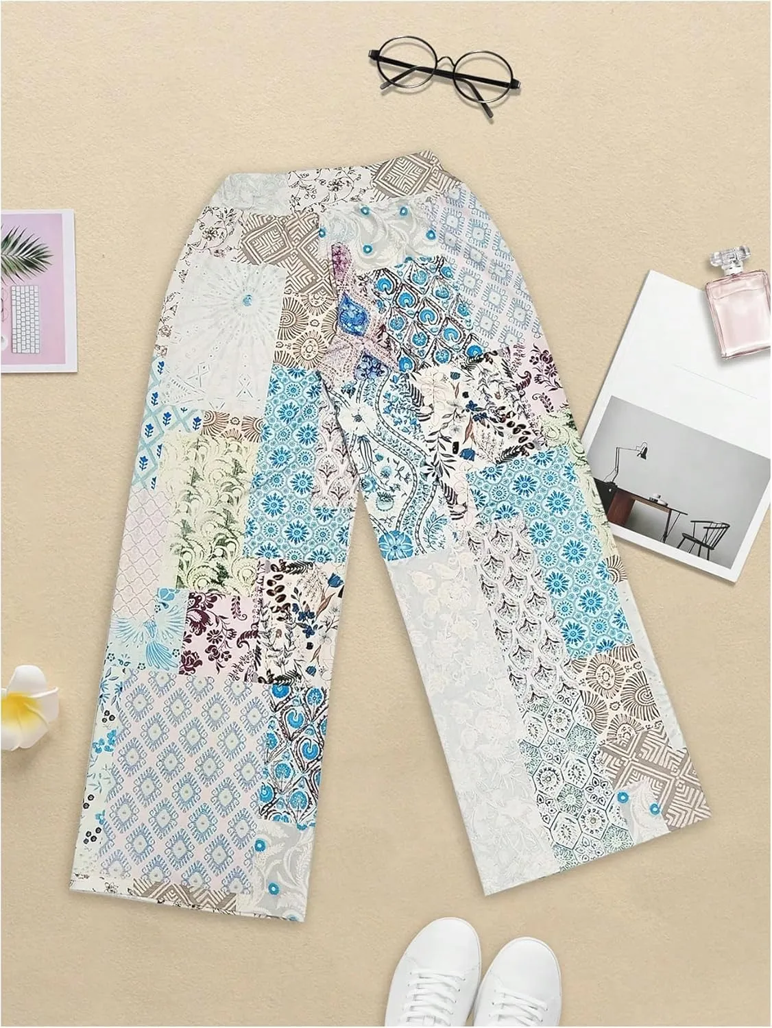 Women's Patchwork Graphic Pant Colorblock High Waisted Straight Leg Boho Pants