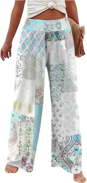 Women's Patchwork Graphic Pant Colorblock High Waisted Straight Leg Boho Pants