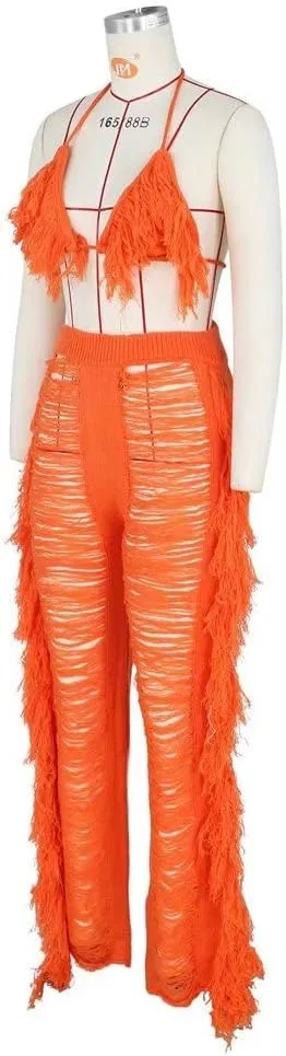 Womens Sexy 2 Piece Outfits Hollow Out Halter Bra top Tassel Long Pants Set Beachwear