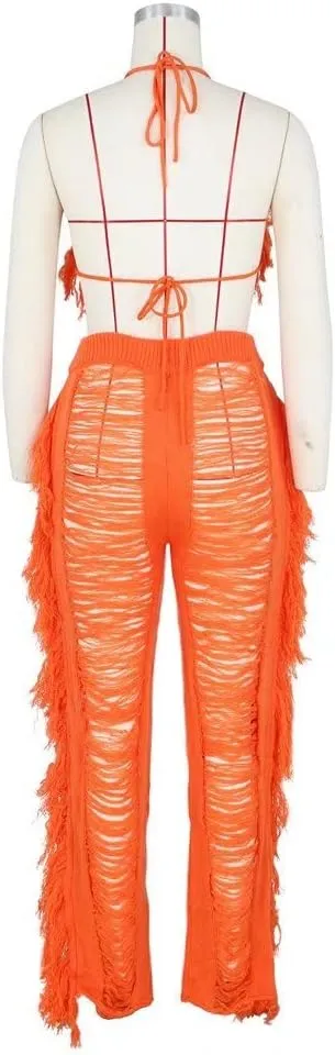 Womens Sexy 2 Piece Outfits Hollow Out Halter Bra top Tassel Long Pants Set Beachwear