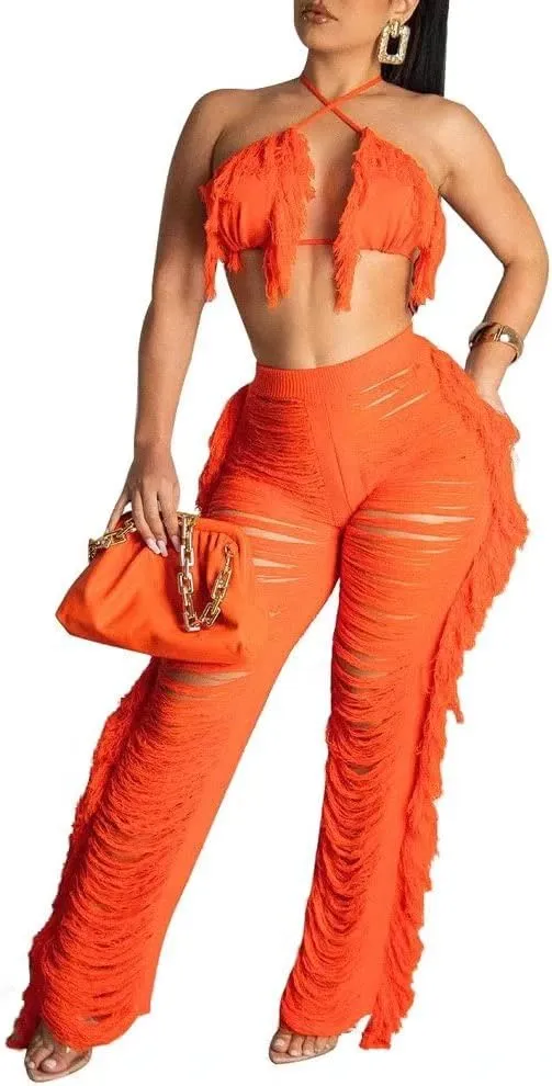 Womens Sexy 2 Piece Outfits Hollow Out Halter Bra top Tassel Long Pants Set Beachwear