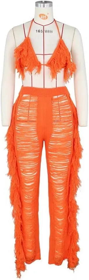 Womens Sexy 2 Piece Outfits Hollow Out Halter Bra top Tassel Long Pants Set Beachwear