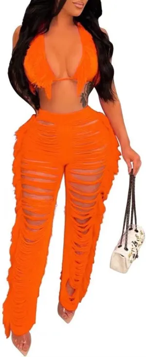 Womens Sexy 2 Piece Outfits Hollow Out Halter Bra top Tassel Long Pants Set Beachwear