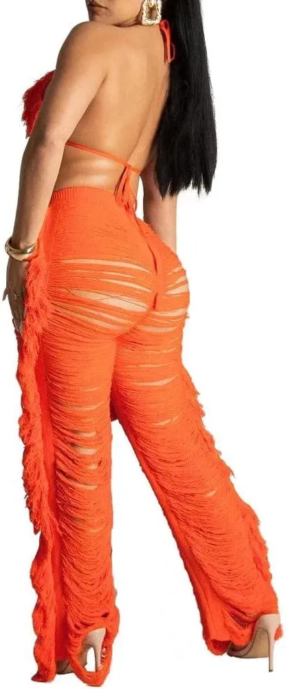 Womens Sexy 2 Piece Outfits Hollow Out Halter Bra top Tassel Long Pants Set Beachwear