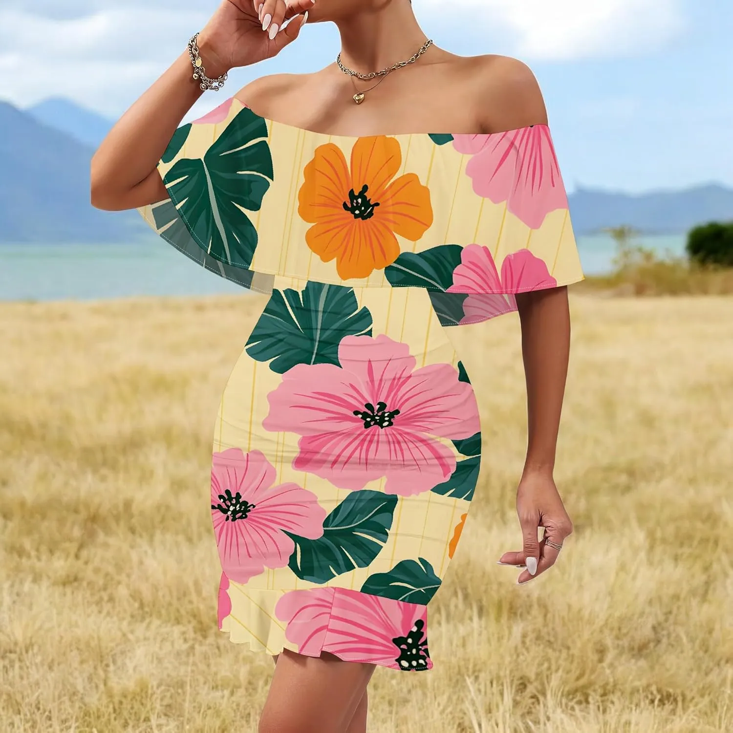 Women's Sexy Off The Shoulder Ruffle Bodycon Mini Cocktail Dress African Print Summer Evening Party Club S-3XL