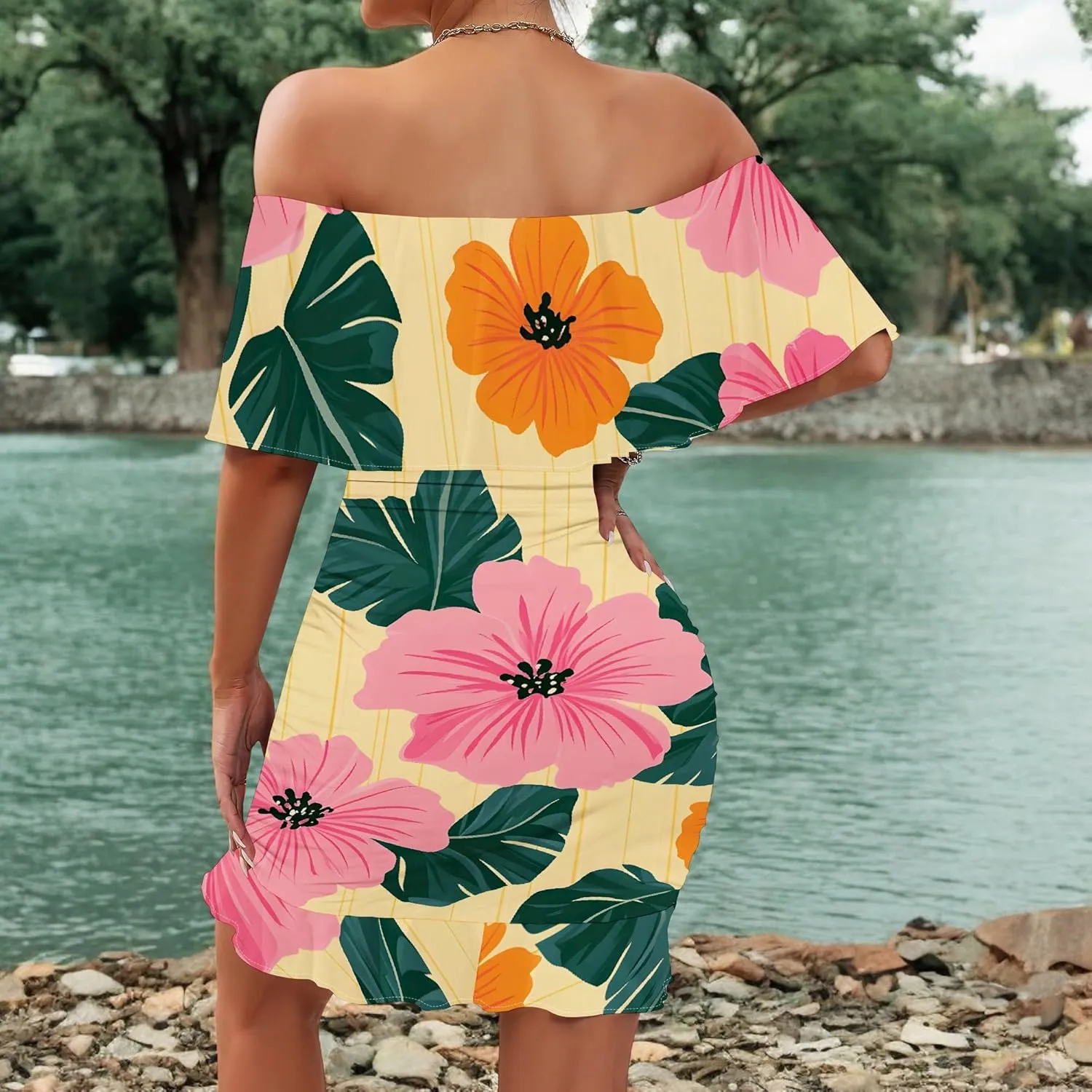 Women's Sexy Off The Shoulder Ruffle Bodycon Mini Cocktail Dress African Print Summer Evening Party Club S-3XL