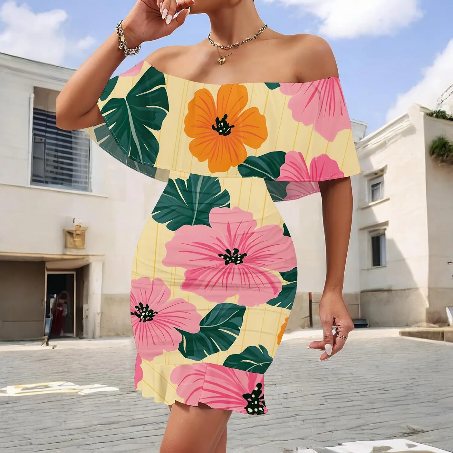 Women's Sexy Off The Shoulder Ruffle Bodycon Mini Cocktail Dress African Print Summer Evening Party Club S-3XL