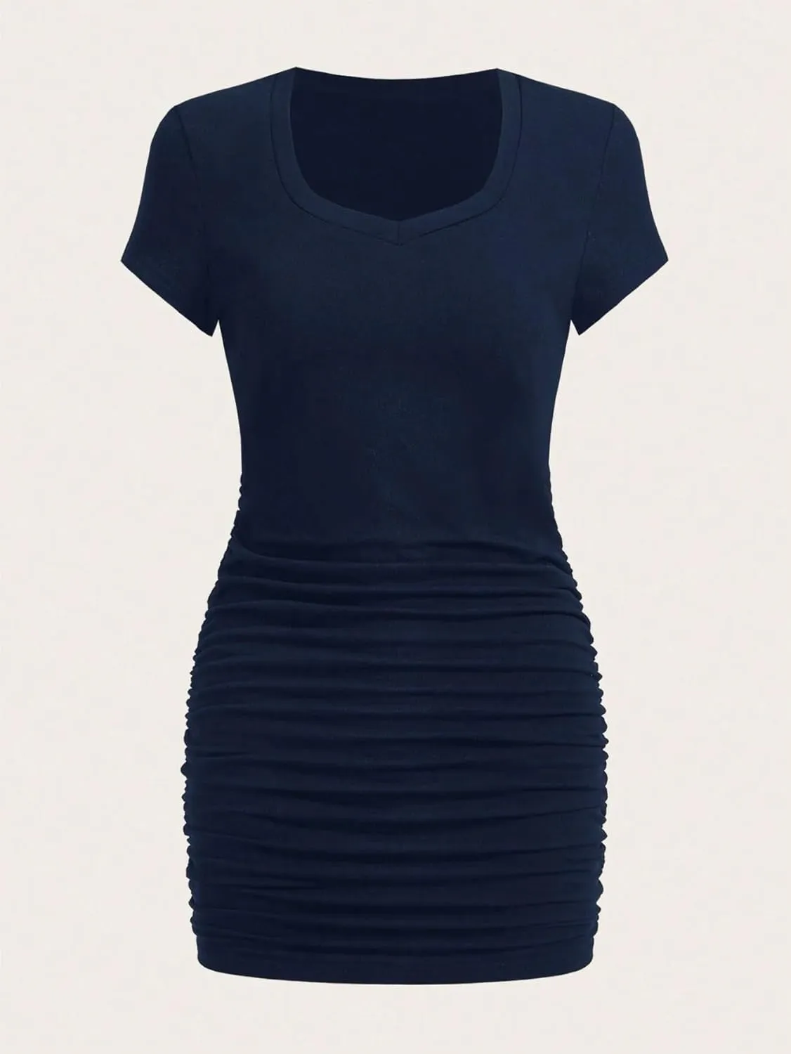 Women's Solid Color Round Neck Short Sleeve Bodycon Dress with Pleats Fashion Dresses for Women